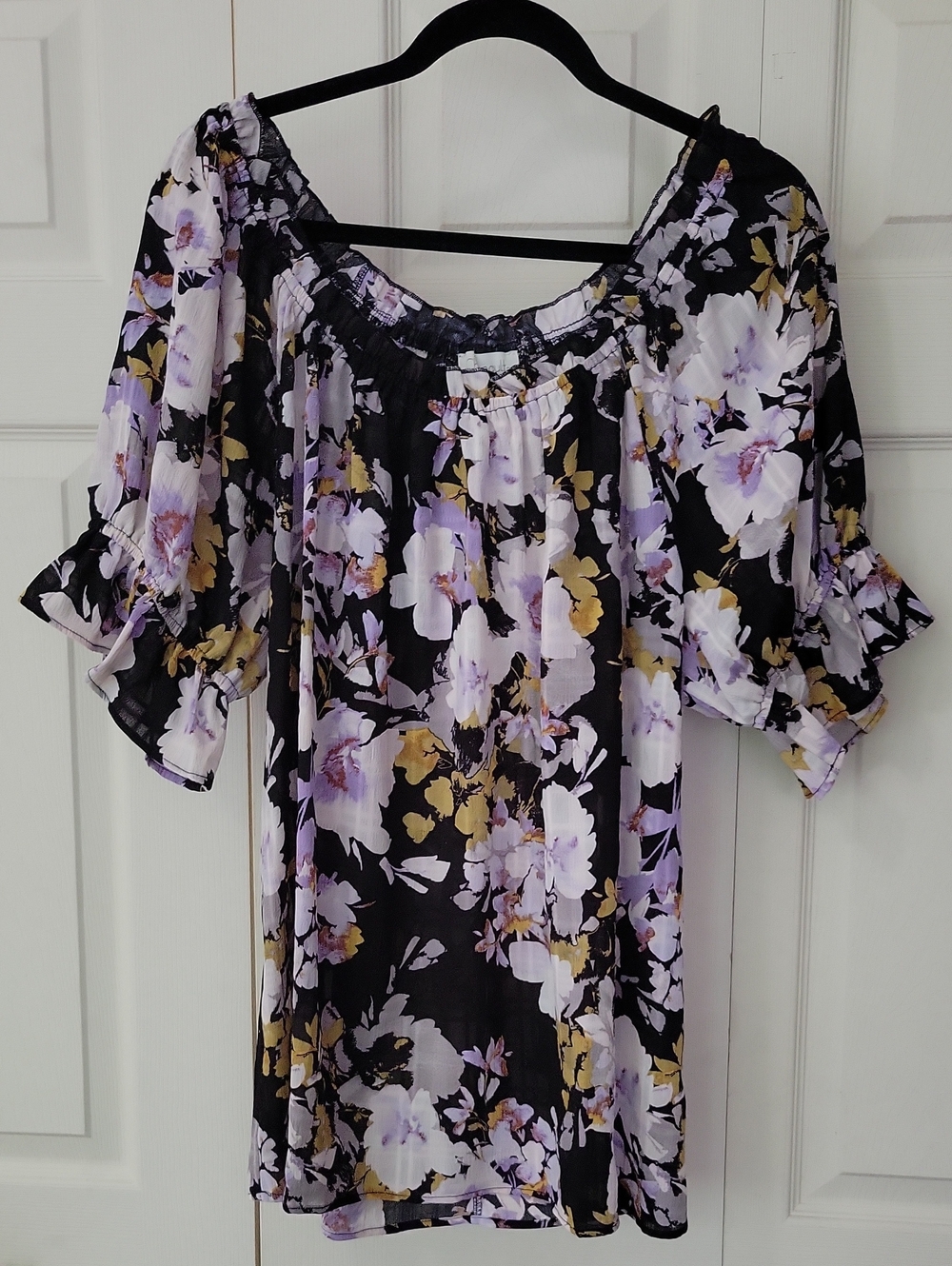Chenault Black Off-Shoulder Tunic with Lavender & Gold Floral Print